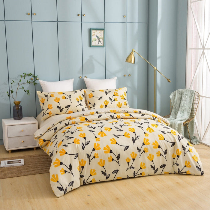 DaDa Bedding Yellow Fleur Floral Golden Orange Ivory Duvet Cover Set w/ Pillow Cases (18112) - DaDa Bedding Collection