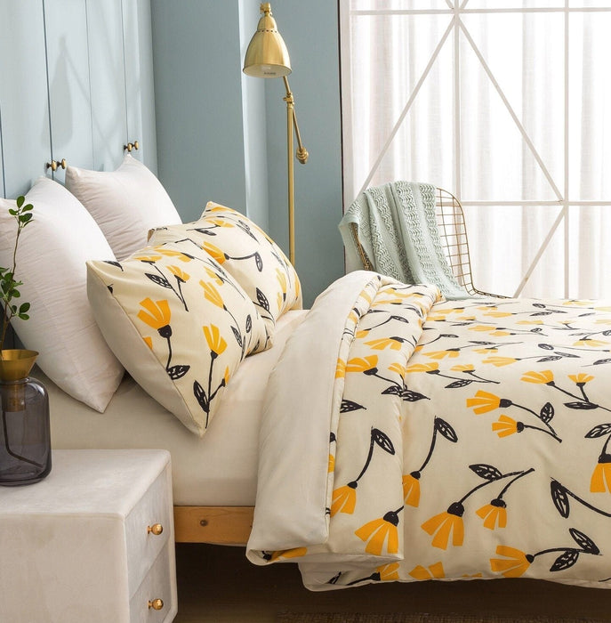 DaDa Bedding Yellow Fleur Golden Orange Botanical Ivory Duvet Cover & Fitted Flat Bed Sheets Set w/ Pillow Cases Window Valances (18112) - DaDa Bedding Collection