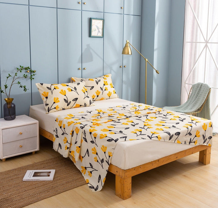 DaDa Bedding Yellow Fleur Golden Orange Botanical Ivory Duvet Cover & Fitted Flat Bed Sheets Set w/ Pillow Cases Window Valances (18112) - DaDa Bedding Collection