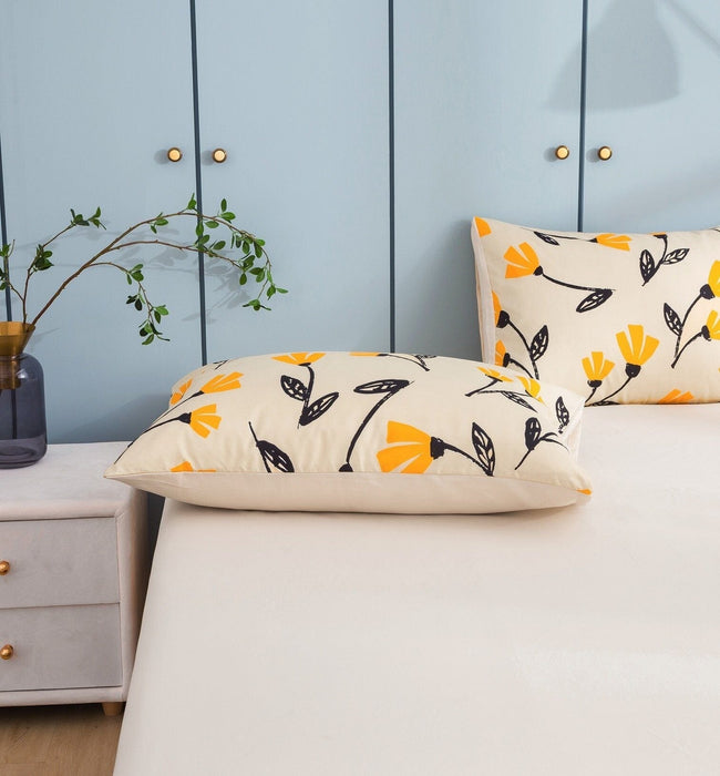 DaDa Bedding Yellow Fleur Golden Orange Botanical Ivory Duvet Cover & Fitted Flat Bed Sheets Set w/ Pillow Cases Window Valances (18112) - DaDa Bedding Collection