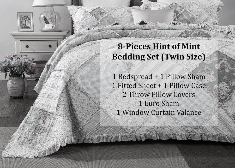 DaDalogy Bedding Bed in a Bag Bundle Set - Hint of Mint Cottage Floral Pastel Patchwork Bedspread Set (JHW3036) - DaDa Bedding Collection