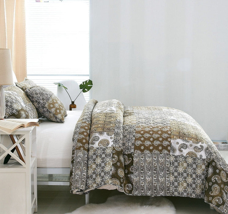 DaDalogy Bedding Bed in a Bag Bundle Set - Bohemian Paisley Dreams Floral Olive Brown Patchwork Bedspread Set (JHW885) - DaDa Bedding Collection