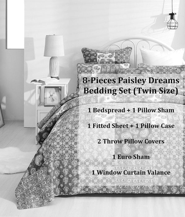 DaDalogy Bedding Bed in a Bag Bundle Set - Bohemian Paisley Dreams Floral Olive Brown Patchwork Bedspread Set (JHW885) - DaDa Bedding Collection