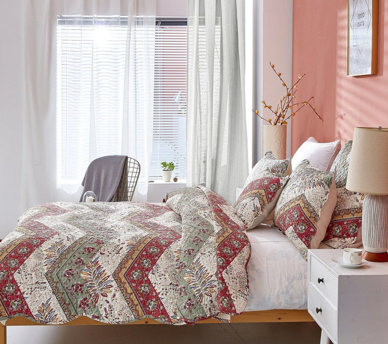 DaDa Bedding Rustic Bed in a Bag Bundle Set - Cranberry Sage Chevron Floral Bedding Set (JHW-924) - DaDa Bedding Collection