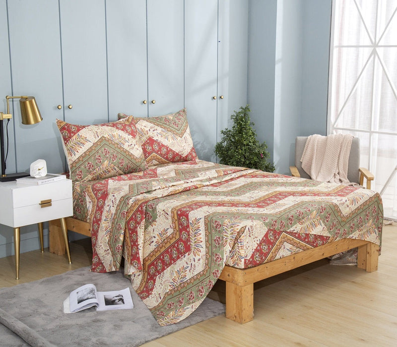 DaDa Bedding Rustic Bed in a Bag Bundle Set - Cranberry Sage Chevron Floral Bedding Set (JHW-924) - DaDa Bedding Collection