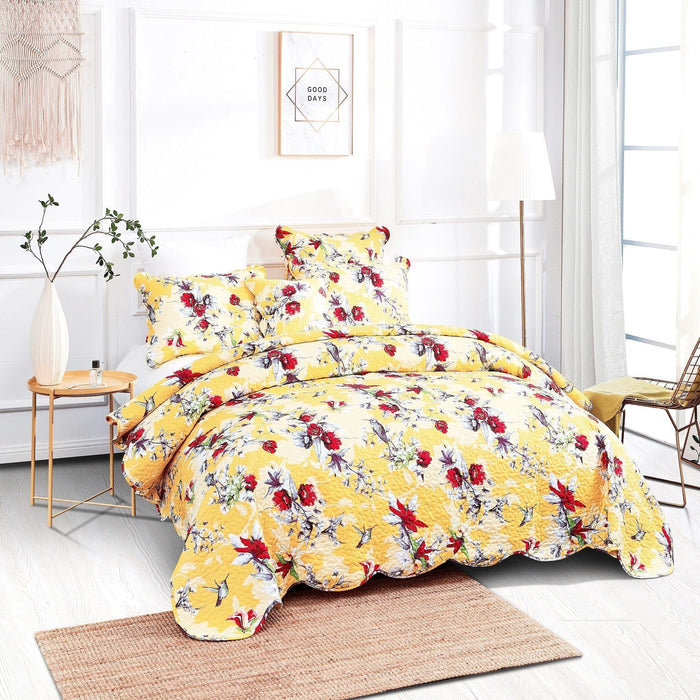 DaDa Bedding Bed in a Bag Bundle Set - Radiant Sunshine Yellow Hummingbirds Floral Bedding Set (JHW-925) - DaDa Bedding Collection