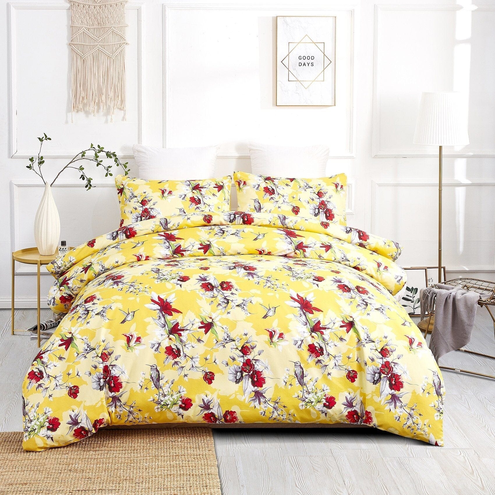 DaDa Bedding Sunshine Yellow Hummingbirds Floral Duvet Cover & Fitted Flat Bed Sheets Set w/ Pillow Cases Window Valances (925) - DaDa Bedding Collection