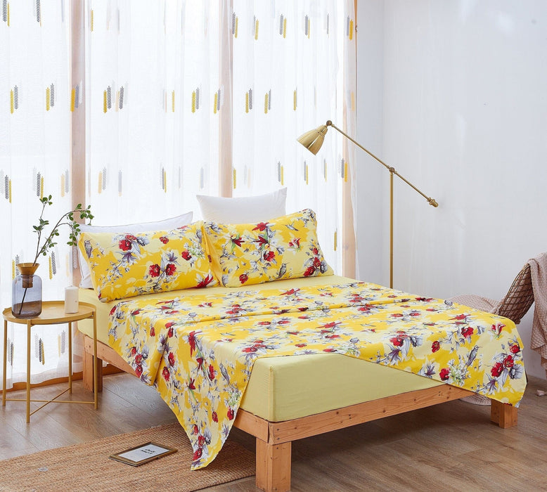 DaDa Bedding Bed in a Bag Bundle Set - Radiant Sunshine Yellow Hummingbirds Floral Bedding Set (JHW-925) - DaDa Bedding Collection