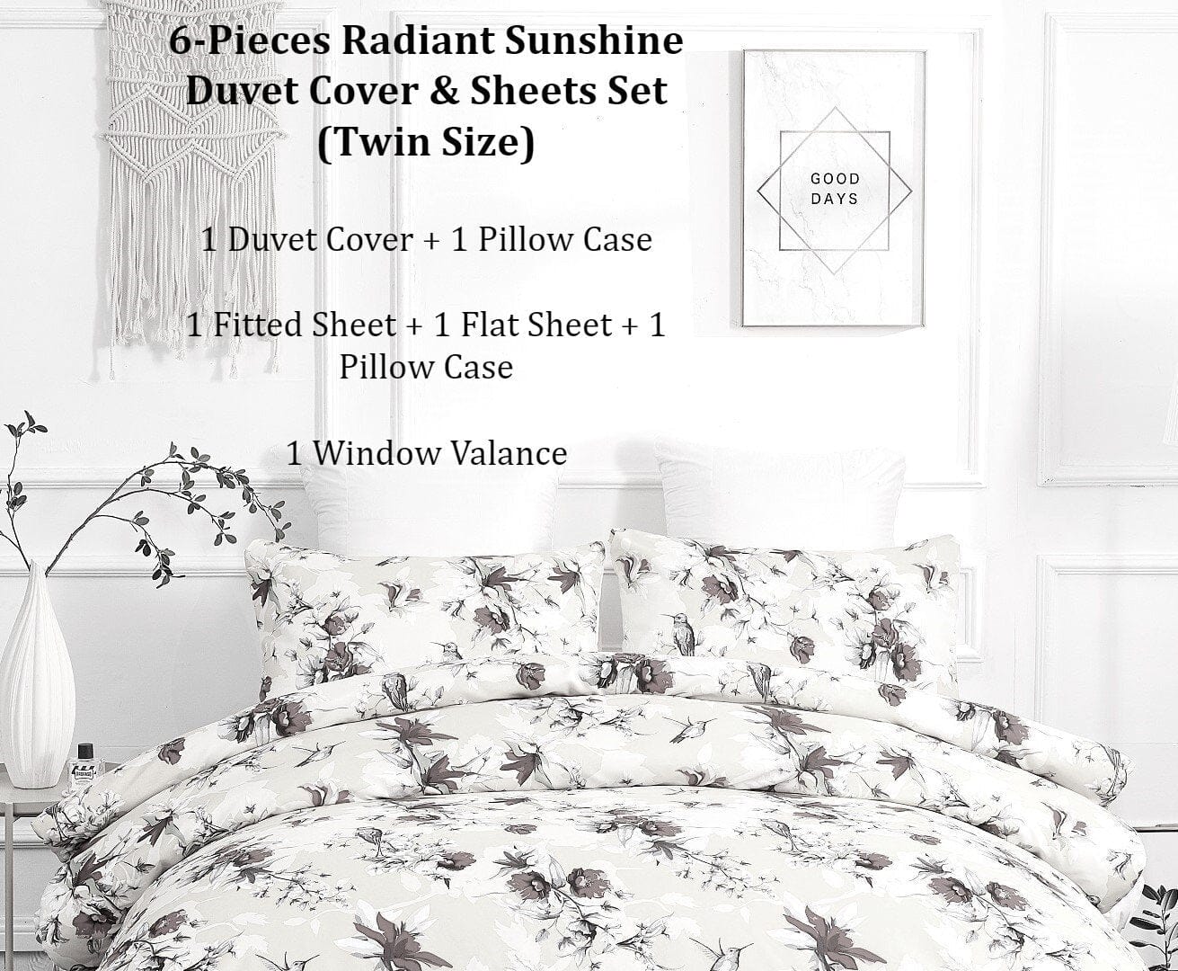 DaDa Bedding Sunshine Yellow Hummingbirds Floral Duvet Cover & Fitted Flat Bed Sheets Set w/ Pillow Cases Window Valances (925) - DaDa Bedding Collection