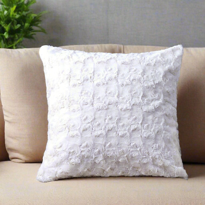 DaDa Bedding Luxury White Roses Swirls Faux Fur Euro Cushion Throw Pillow Cover (K11) - DaDa Bedding Collection