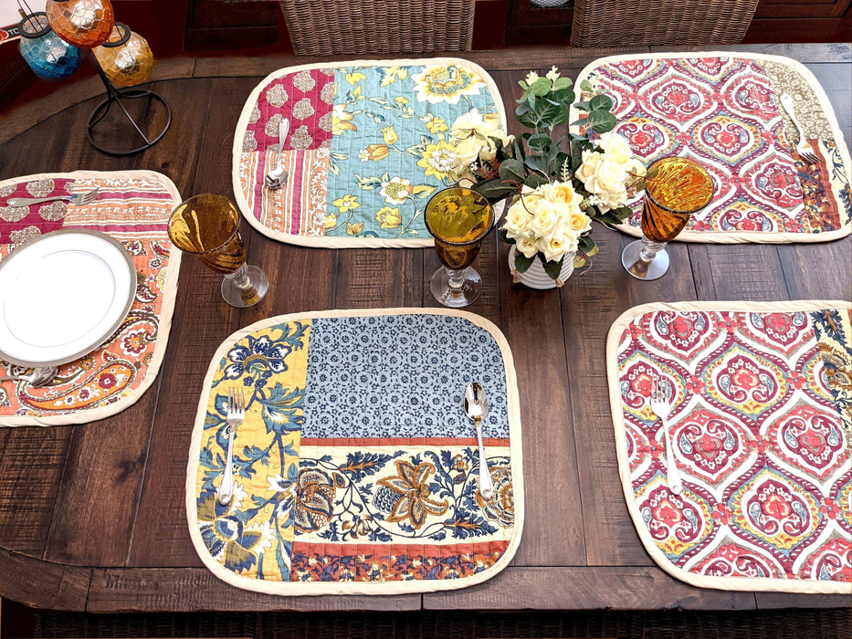 DaDa Bedding Set of 6-Pieces Hand-Made Placemats Cotton Bohemian Dark Elegance Patchwork Floral Table Mats (JHW-550) - DaDa Bedding Collection