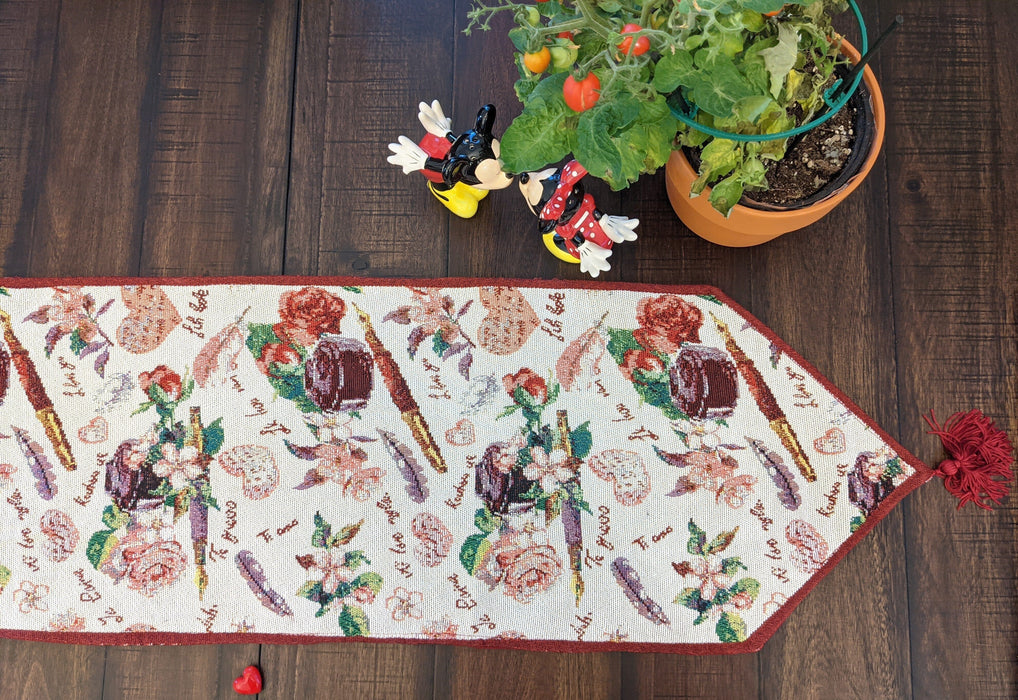 DaDa Bedding Sweet Heart Love Notes Pink Floral Woven Tapestry Dining Table Runner (18273) - DaDa Bedding Collection