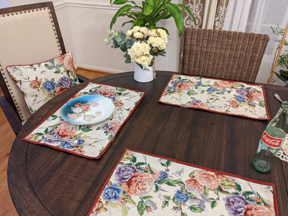 DaDa Bedding Set of 4-Pieces Vintage Romantic Roses Lovely Pink Floral Tapestry Placemats 13” x 19” (879) - DaDa Bedding Collection
