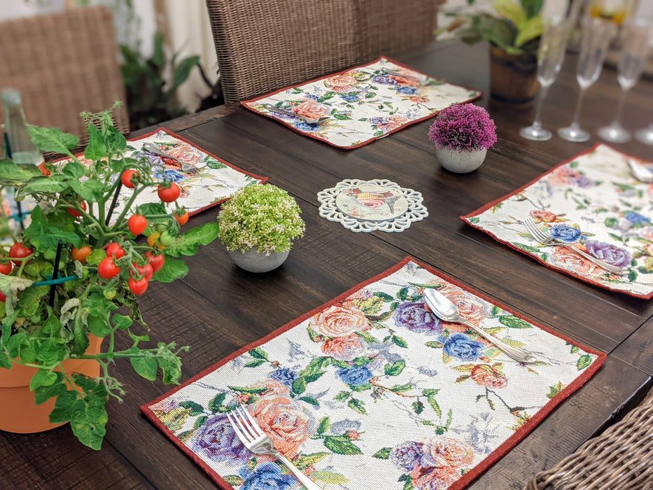 DaDa Bedding Set of 4-Pieces Vintage Romantic Roses Lovely Pink Floral Tapestry Placemats 13” x 19” (879) - DaDa Bedding Collection