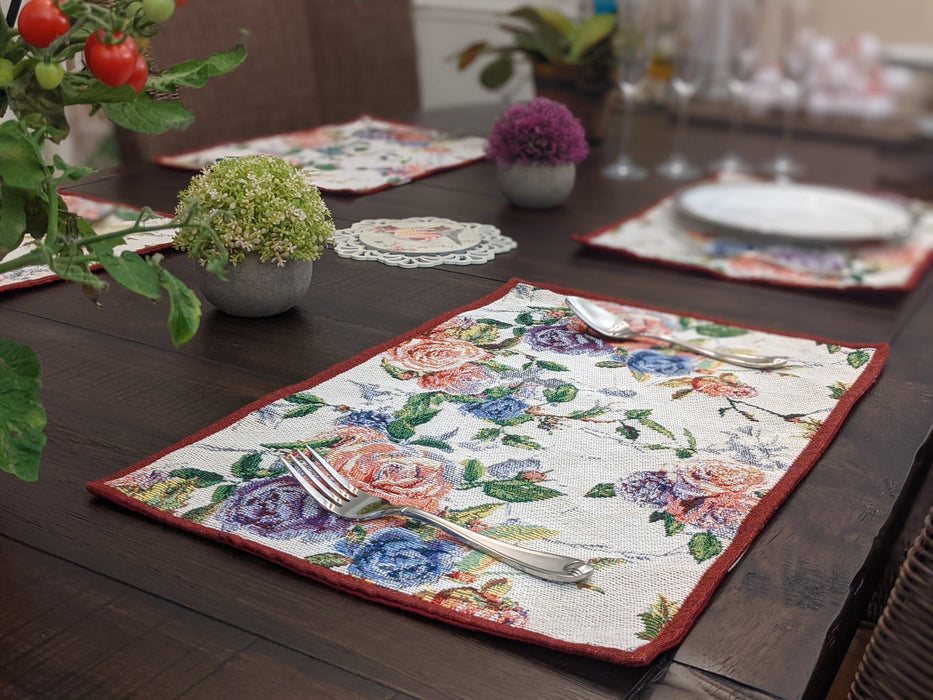 DaDa Bedding Set of 4-Pieces Vintage Romantic Roses Lovely Pink Floral Tapestry Placemats 13” x 19” (879) - DaDa Bedding Collection