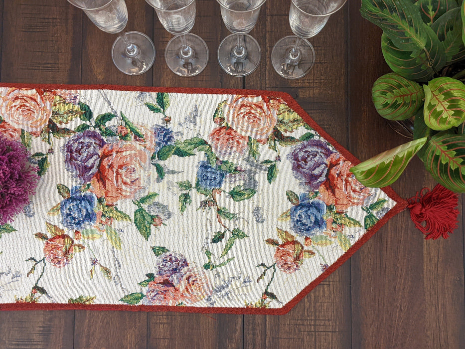 DaDa Bedding Vintage Romantic Roses Lovely Pink Floral Woven Tapestry Dining Table Runner (879) - DaDa Bedding Collection