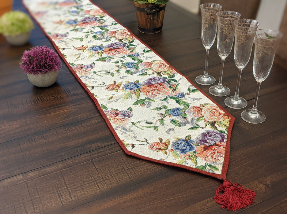 DaDa Bedding Vintage Romantic Roses Lovely Pink Floral Woven Tapestry Dining Table Runner (879) - DaDa Bedding Collection