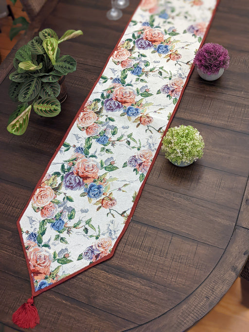 DaDa Bedding Vintage Romantic Roses Lovely Pink Floral Woven Tapestry Dining Table Runner (879) - DaDa Bedding Collection