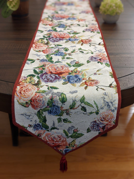 DaDa Bedding Vintage Romantic Roses Lovely Pink Floral Woven Tapestry Dining Table Runner (879) - DaDa Bedding Collection