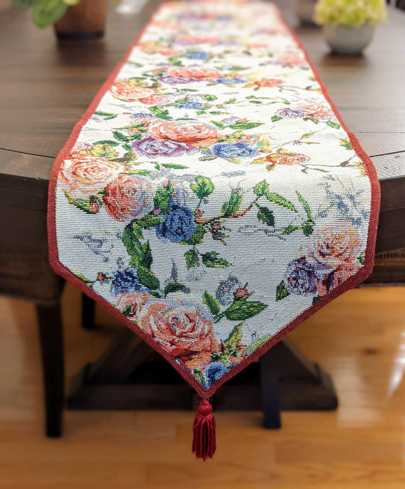DaDa Bedding Vintage Romantic Roses Lovely Pink Floral Woven Tapestry Dining Table Runner (879) - DaDa Bedding Collection
