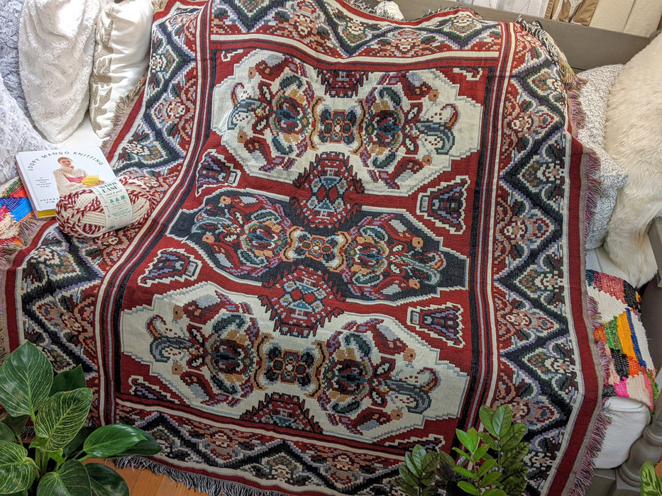 DaDa Bedding Majestic Kilim Red Woven Tapestry Throw Blanket - 50” x 60” (18195) - DaDa Bedding Collection