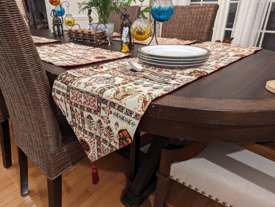 DaDalogy Bedding Cottage Mughal Floral Woven Tapestry Table Runner, Light Fleur White Botanical Vintage (18196) - DaDa Bedding Collection