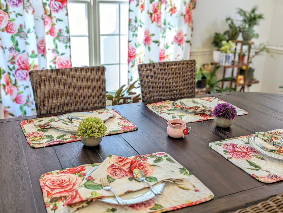 DaDa Bedding Set of 4-Pieces Romantic Roses Pink Floral Quilted Dining Placemats 13” x 19” (879) - DaDa Bedding Collection