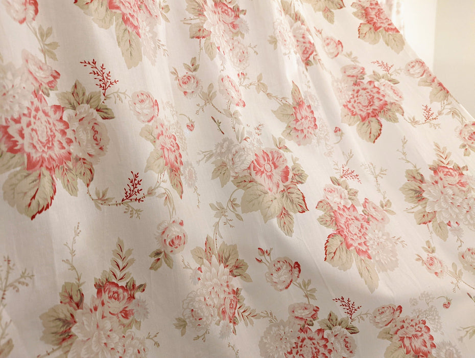 DaDa Bedding Set of 2-Pieces Hint of Mint Dainty Floral Pink Roses Cottage Sheer Window Panel Curtains (JHW3036) - DaDa Bedding Collection
