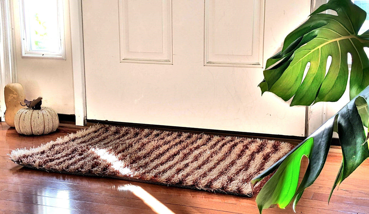 DaDa Bedding Shaggy Soft Door Mat Carpet Rug - 20" x 32" Striped Shiny Coffee Light Beige / Dark Brown - DaDa Bedding Collection