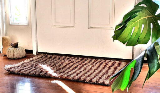 DaDa Bedding Shaggy Soft Door Mat Carpet Rug - 20" x 32" Striped Shiny Coffee Light Beige / Dark Brown - DaDa Bedding Collection