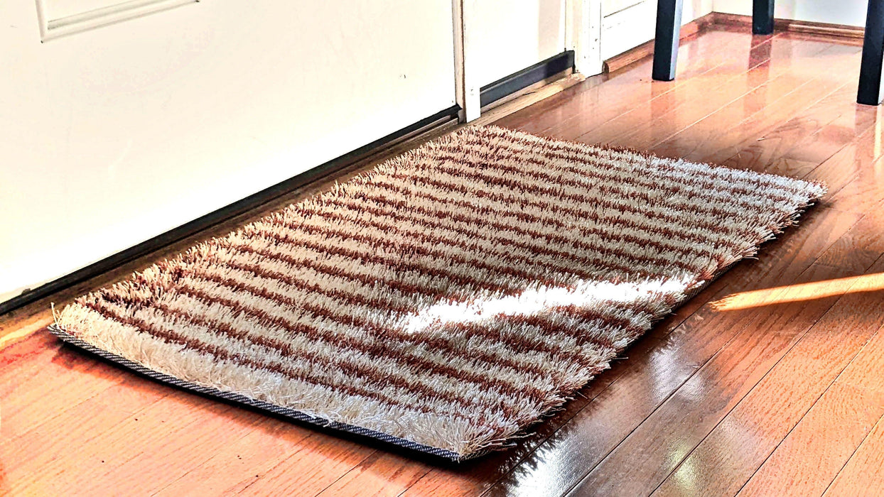 DaDa Bedding Shaggy Soft Door Mat Carpet Rug - 20" x 32" Striped Shiny Coffee Light Beige / Dark Brown - DaDa Bedding Collection