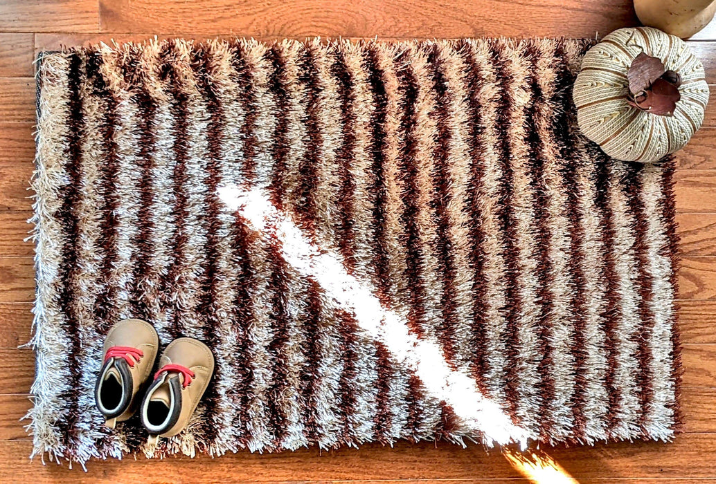 DaDa Bedding Shaggy Soft Door Mat Carpet Rug - 20" x 32" Striped Shiny Coffee Light Beige / Dark Brown - DaDa Bedding Collection