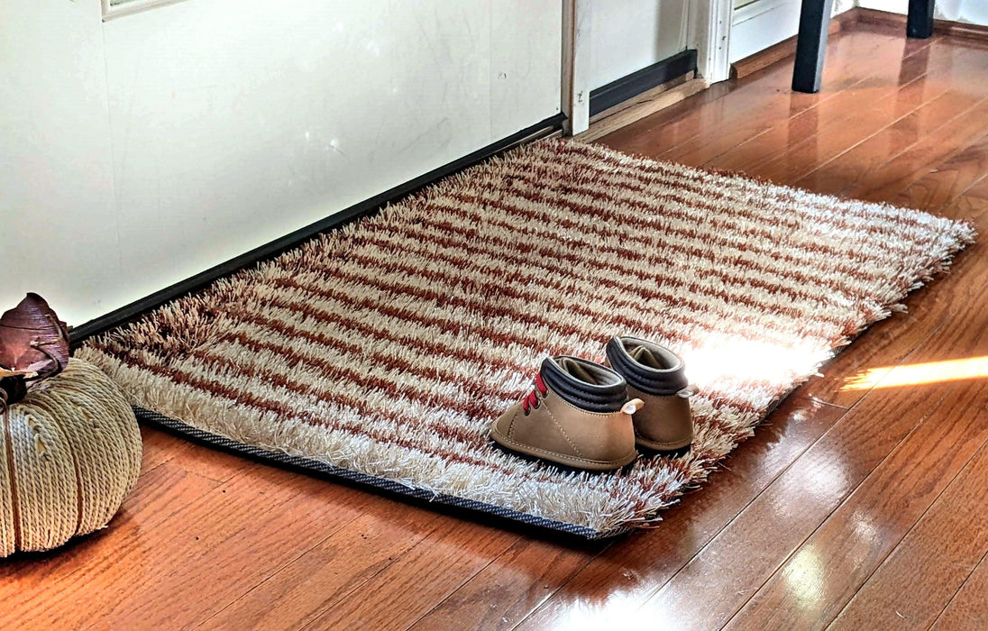 DaDa Bedding Shaggy Soft Door Mat Carpet Rug - 20" x 32" Striped Shiny Coffee Light Beige / Dark Brown - DaDa Bedding Collection