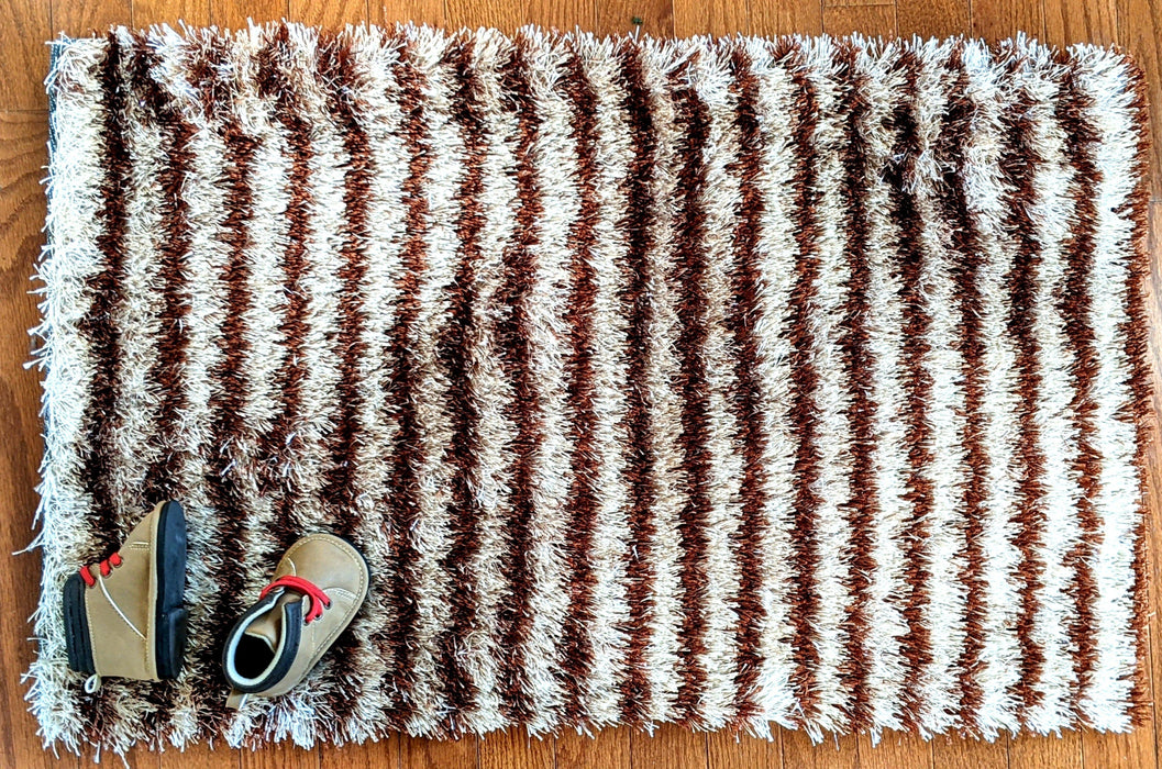 DaDa Bedding Shaggy Soft Door Mat Carpet Rug - 20" x 32" Striped Shiny Coffee Light Beige / Dark Brown - DaDa Bedding Collection