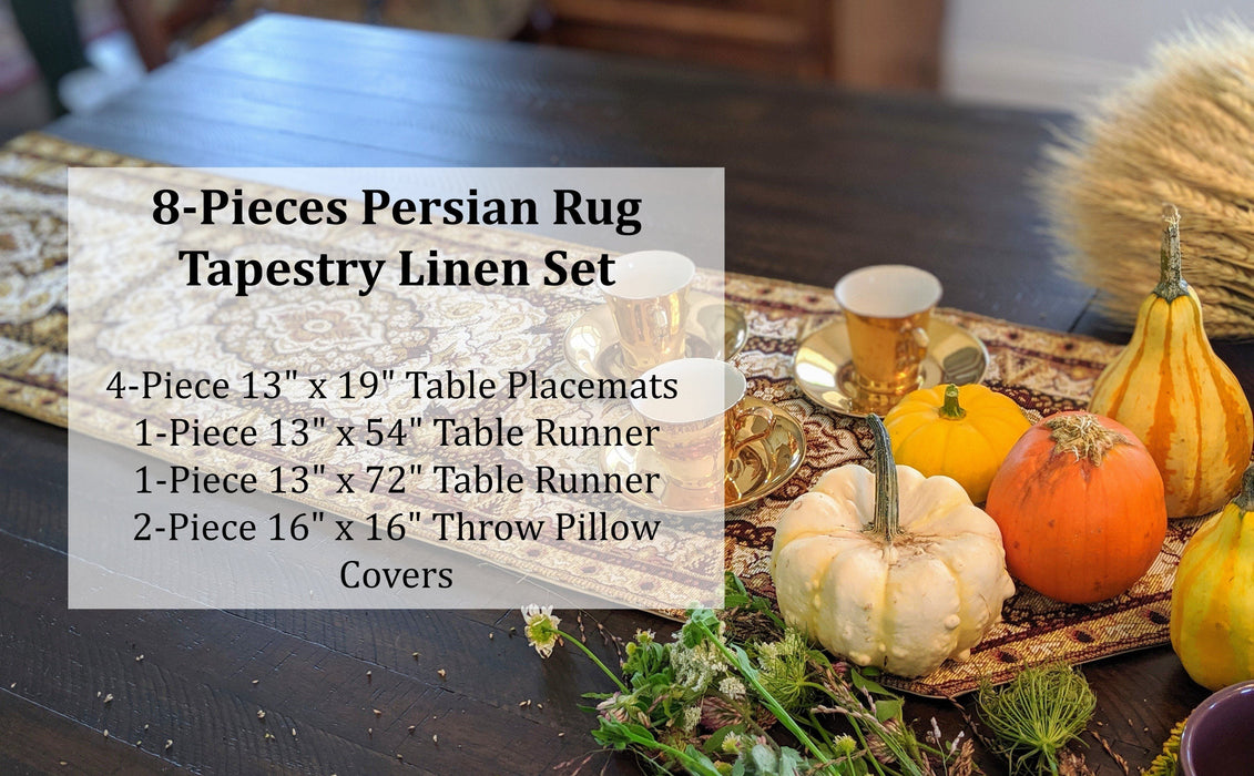 DaDa Bedding Set of 8 Pieces Persian Style Rug Golden Floral Table Woven Tapestry - 4 Placemats, 2 Table Runners, 2 Throw Pillow Covers (18119) - DaDa Bedding Collection