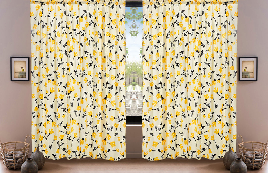 DaDa Bedding Set of 2 Botanical Floral Window Curtain Panels - Natural Semi Sheer Yellow Fleur Golden Orange Spring Time Tulips Straight Tailored Edge - DaDa Bedding Collection