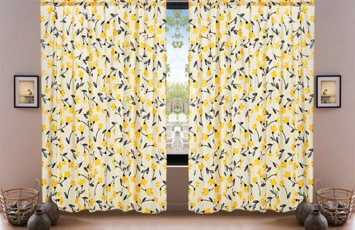 DaDa Bedding Set of 2 Botanical Floral Window Curtain Panels - Natural Semi Sheer Yellow Fleur Golden Orange Spring Time Tulips Straight Tailored Edge - DaDa Bedding Collection