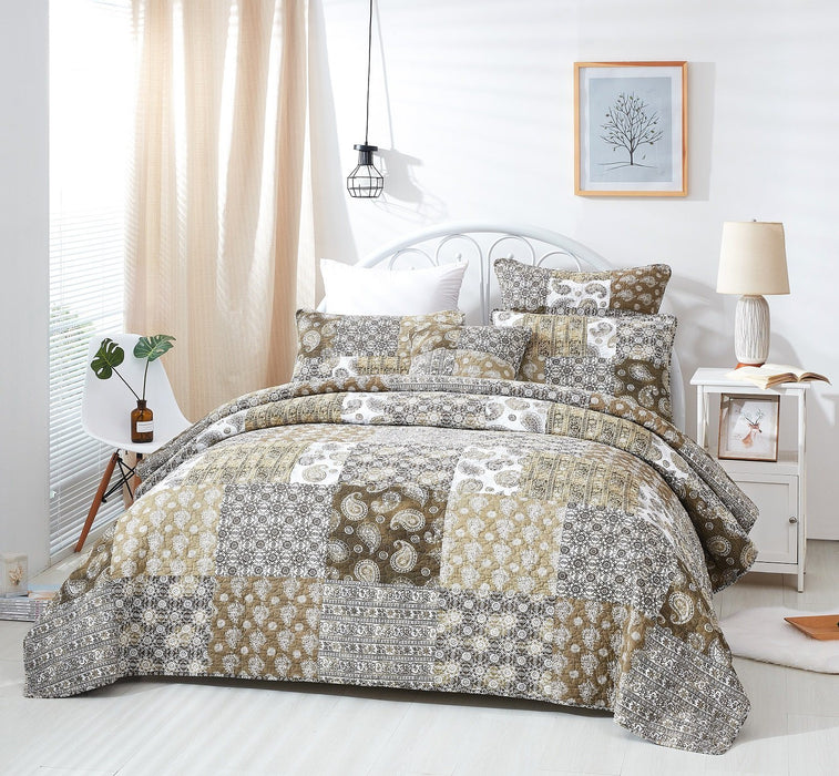 DaDa Bedding Bohemian Olive Brown Moroccan Paisley Floral Filigree Patchwork Cotton Bedspread Set (JHW-885) - DaDa Bedding Collection