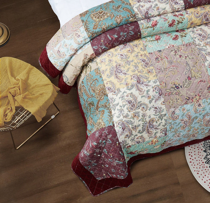 DaDa Bedding Bohemian Burgundy Red Velvet Trim Floral Paisley Patchwork Cotton Bedspread Set (JHW-868) - DaDa Bedding Collection