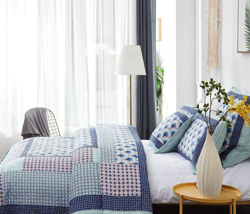 DaDa Bedding Mediterranean Blue Mint Green Patchwork Quilted Bedspread Set (JHW-884) - DaDa Bedding Collection
