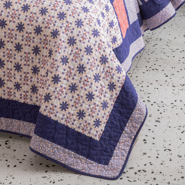 DaDa Bedding Peachy Pink Floral Blossoms Plum Purple Patchwork Quilted Bedspread Set - Designed in USA (JHW877) - DaDa Bedding Collection