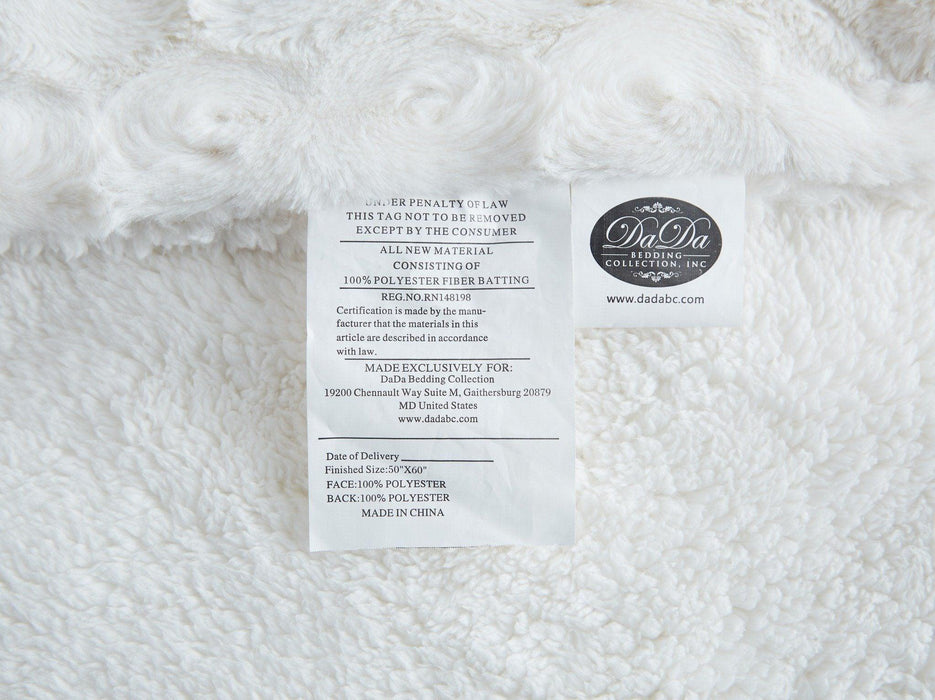 DaDa Bedding Luxury White Roses Fluffy Soft Sherpa Backside Faux Fur Throw Blanket (K11) - DaDa Bedding Collection
