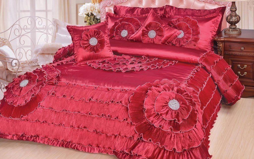 DaDa Bedding Victorian Floral Ruby Apple Red Bejeweled Ruffles Comforter Set, King, 5-PCS (BM8086) - DaDa Bedding Collection