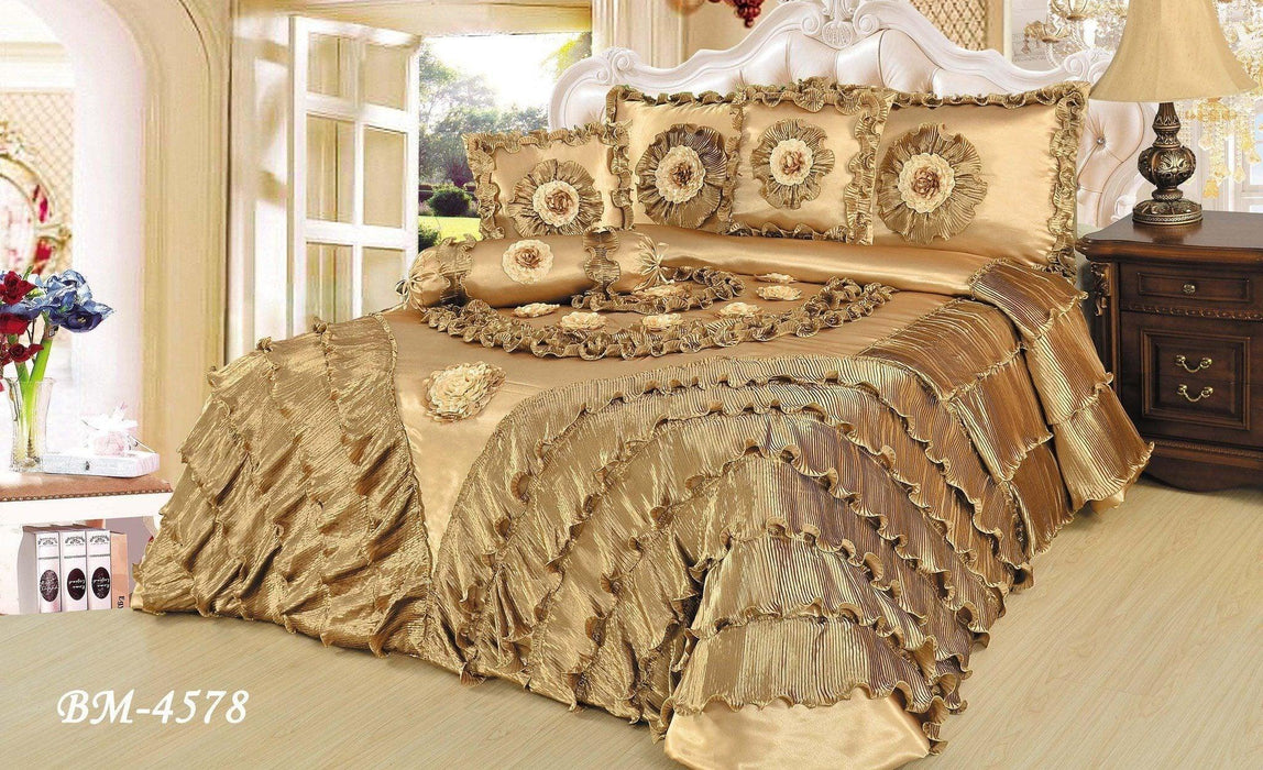 DaDa Bedding Shiny Golden Sateen Luxury Floral Puffy Ruffles Comforter Set - 4-Pieces - Twin Size (BM4578) - DaDa Bedding Collection