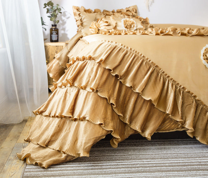 DaDa Bedding Shiny Golden Sateen Luxury Floral Puffy Ruffles Comforter Set - 4-Pieces - Twin Size (BM4578) - DaDa Bedding Collection