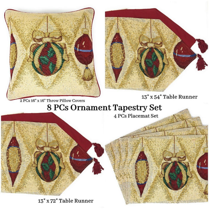 DaDa Bedding Set of 8 Pieces Elegant Christmas Ornaments Table Tapestry - 4 Placemats, 2 Table Runners, 2 Throw Pillow Covers (6139) - DaDa Bedding Collection