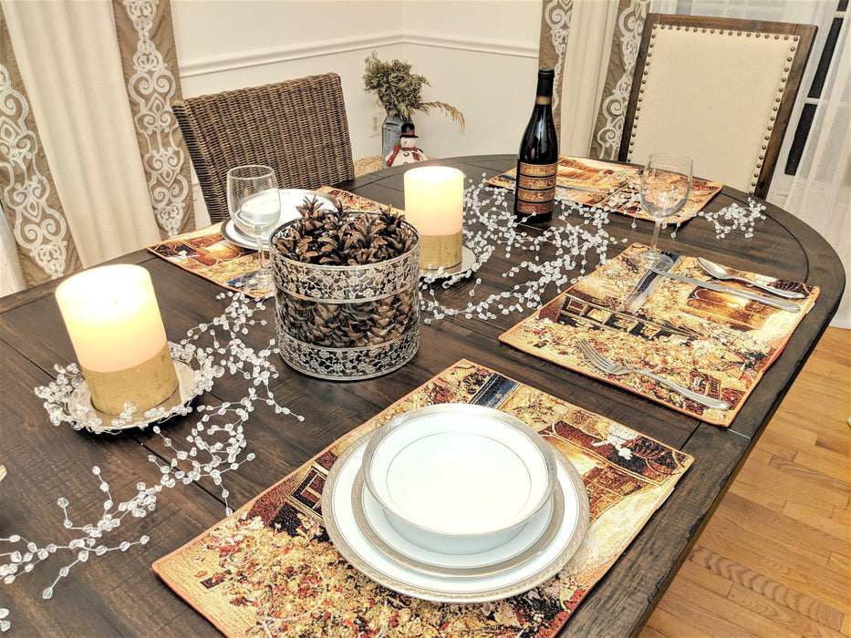 DaDa Bedding Set of 4-Pieces Golden Christmas Tree Holiday Tapestry Placemats 13” x 19” (14604) - DaDa Bedding Collection