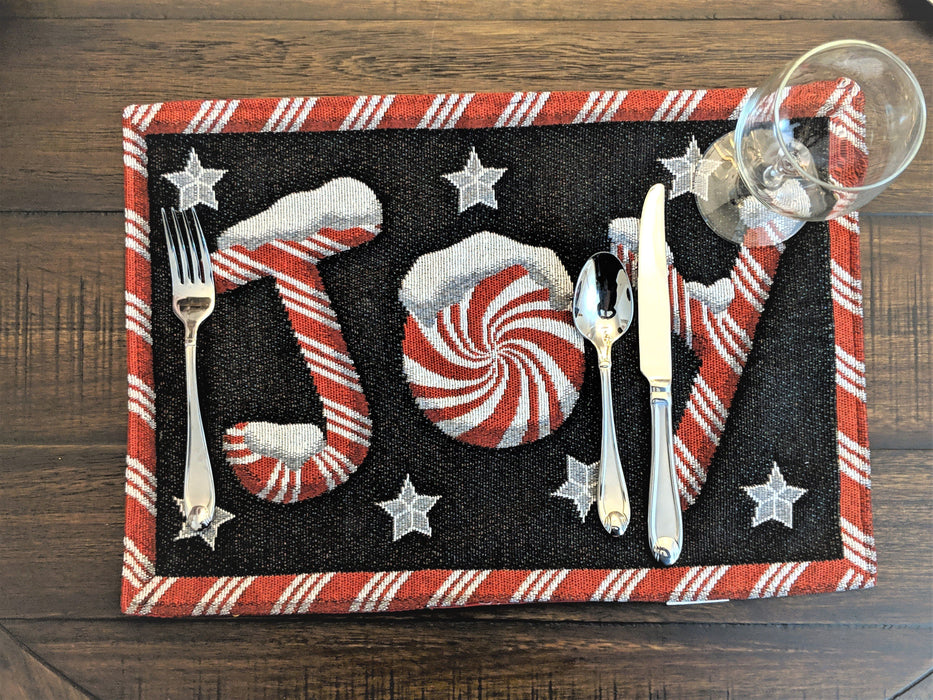 DaDa Bedding Set of 4-Pieces Peppermint Joy Holiday Tapestry Placemats 13” x 19” (12904) - DaDa Bedding Collection