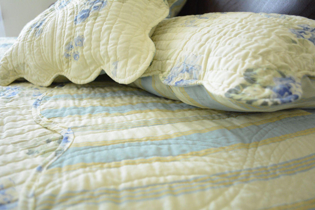 DaDa Bedding Camellia Classic Floral Spring Yellow & Blue Striped Quilted Bedspread Set (DXJ101491) - DaDa Bedding Collection