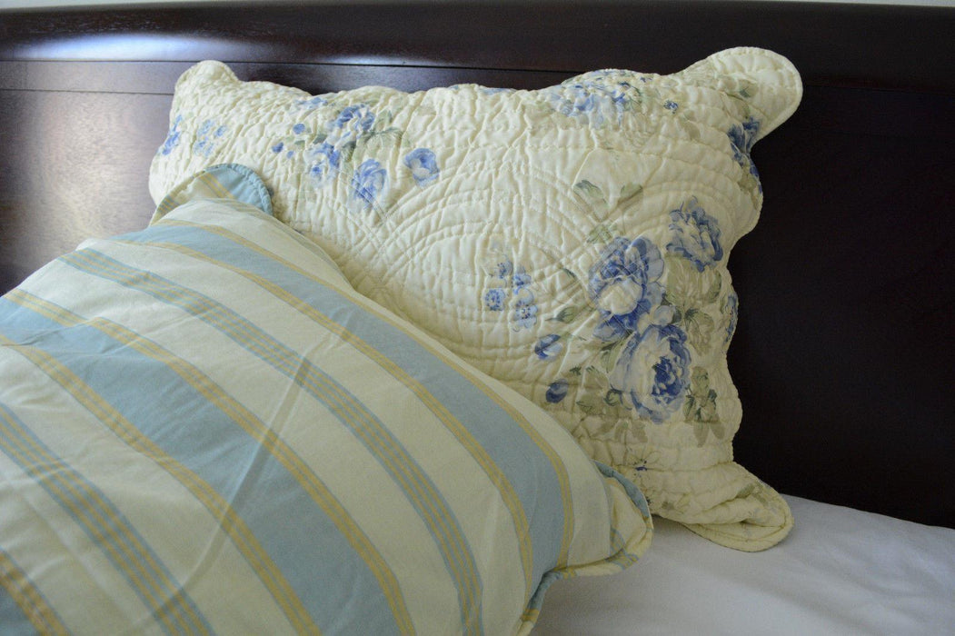 DaDa Bedding Camellia Classic Floral Spring Yellow & Blue Striped Quilted Bedspread Set (DXJ101491) - DaDa Bedding Collection